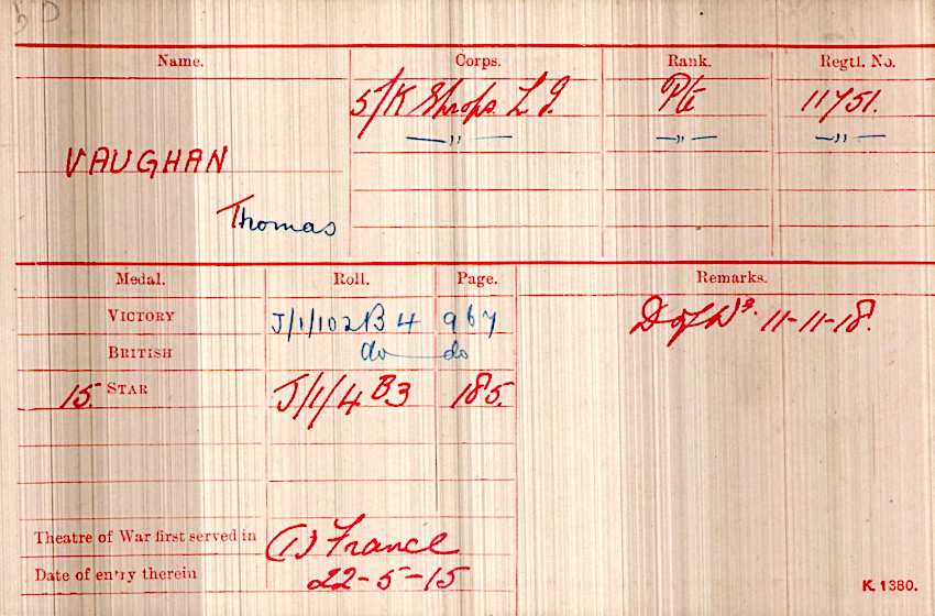 WWI Medal Rolls Index Card